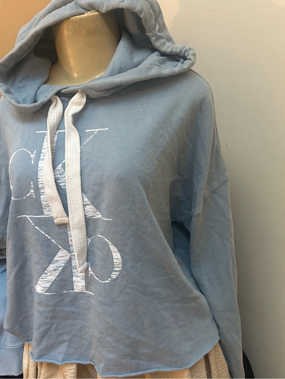 Calvin Klein Jeans Pale Blue Hooded Pullover with White Drawstrings